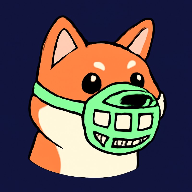 A rust-orange shiba inu wearing a glowing acid-green basket muzzle with a row of sound-wave bars lit along its bottom edge, the ai's own mouthpiece, ordinary wide dog eyes above it
